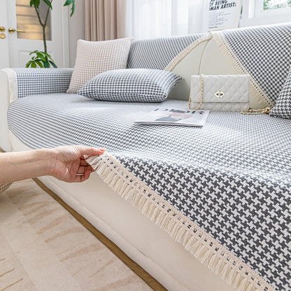Houndstooth-mönster Elegant Fringed Mjuk Bomulls-linne Sofföverdrag