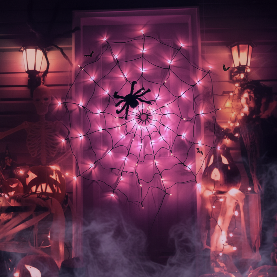 Halloween Spindelnät Ljusslinga – LED Lila &amp; Orange för spöklik festdekoration