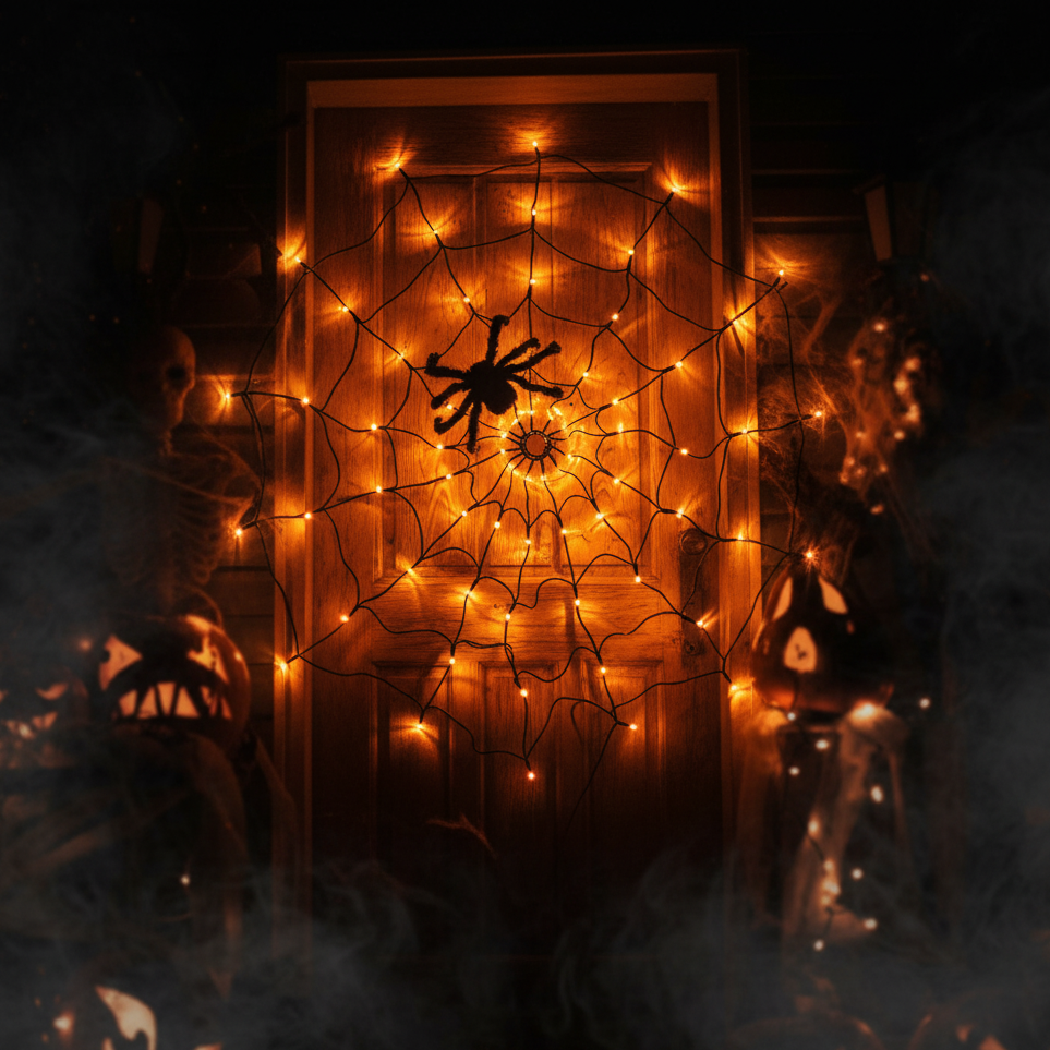 Halloween Spindelnät Ljusslinga – LED Lila &amp; Orange för spöklik festdekoration