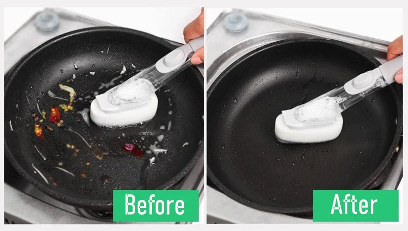 Carvallo 2-i-1 Diskborste med tvålpump & utbytbara huvuden | Långt handtag & skrapa | För kastruller, stekpannor & tallrikar