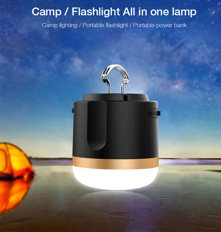Bärbar LED Campinglampa med Powerbank – Uppladdningsbar, USB-port, för utomhus och nödsituationer