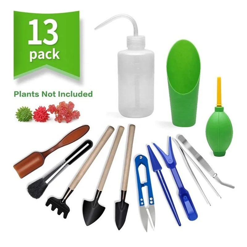 Carvallo MiniSet 13-delat trädgård- och bonsai-plantsats | Mini-verktyg för omplantering, sådd &amp; skötsel av suckulenter | Rostfritt stål &amp; ABS | 13 × 7 cm