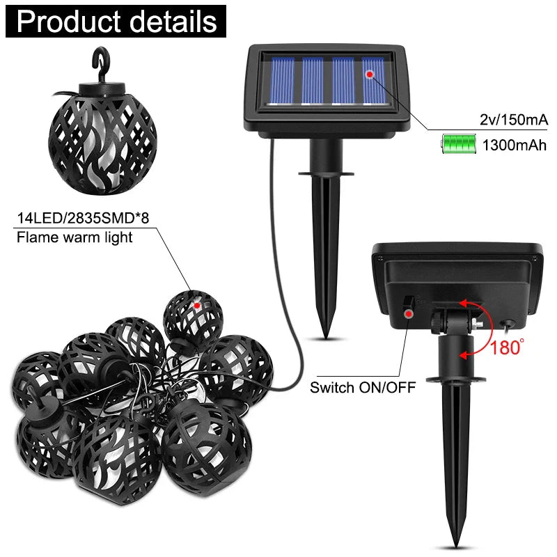 Carvallo Solarbelysning med flam-effekt | 8 LED-lampor | IP44 Vattentålig | För trädgård, terrass och balkong