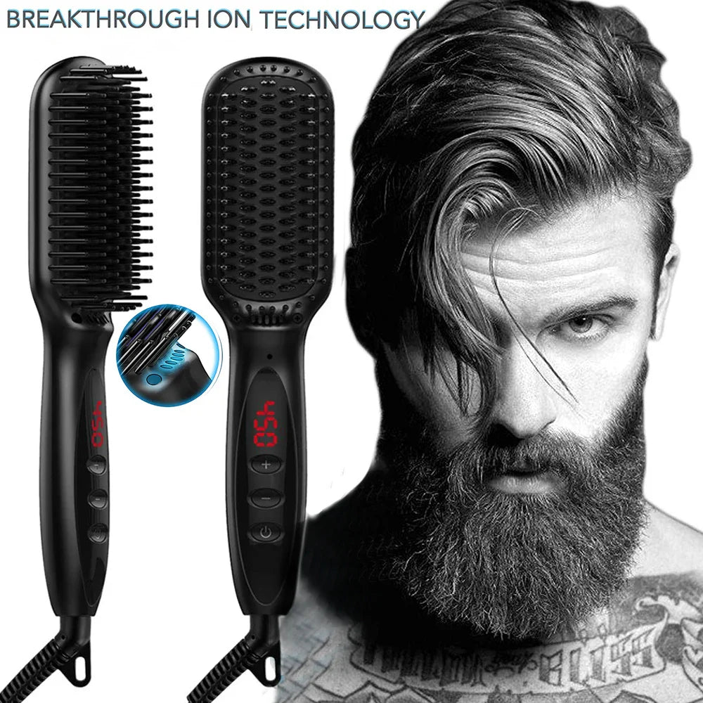 Carvallo HeatBrush Elektrisk Slätborste för Skägg & Hår | 12 Temperaturnivåer | LCD-Display | Anti-Frizz & Ionteknologi