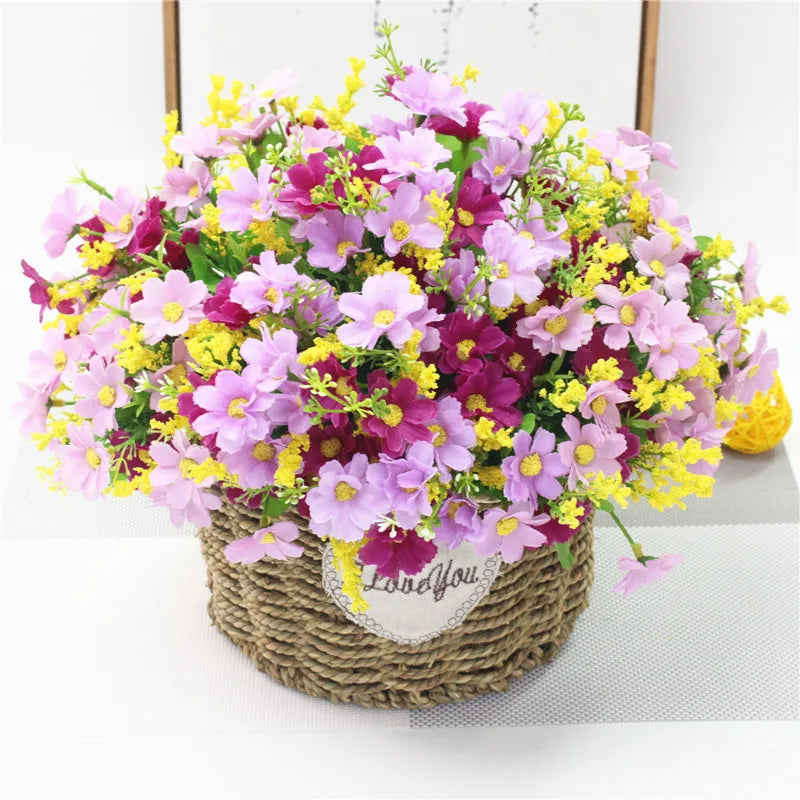 Kunstblommor bukett Floraviva Daisy | 7 grenar med 28 tusenskönshuvuden | Sidenutseende | För bordsdekoration, bröllop &amp; hem