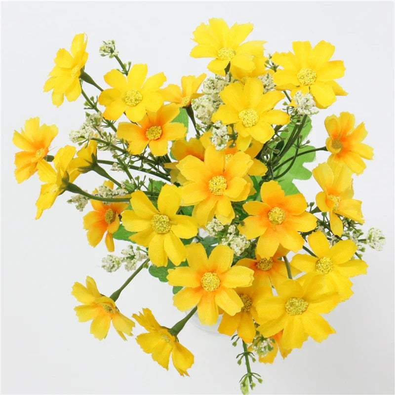 Kunstblommor bukett Floraviva Daisy | 7 grenar med 28 tusenskönshuvuden | Sidenutseende | För bordsdekoration, bröllop &amp; hem