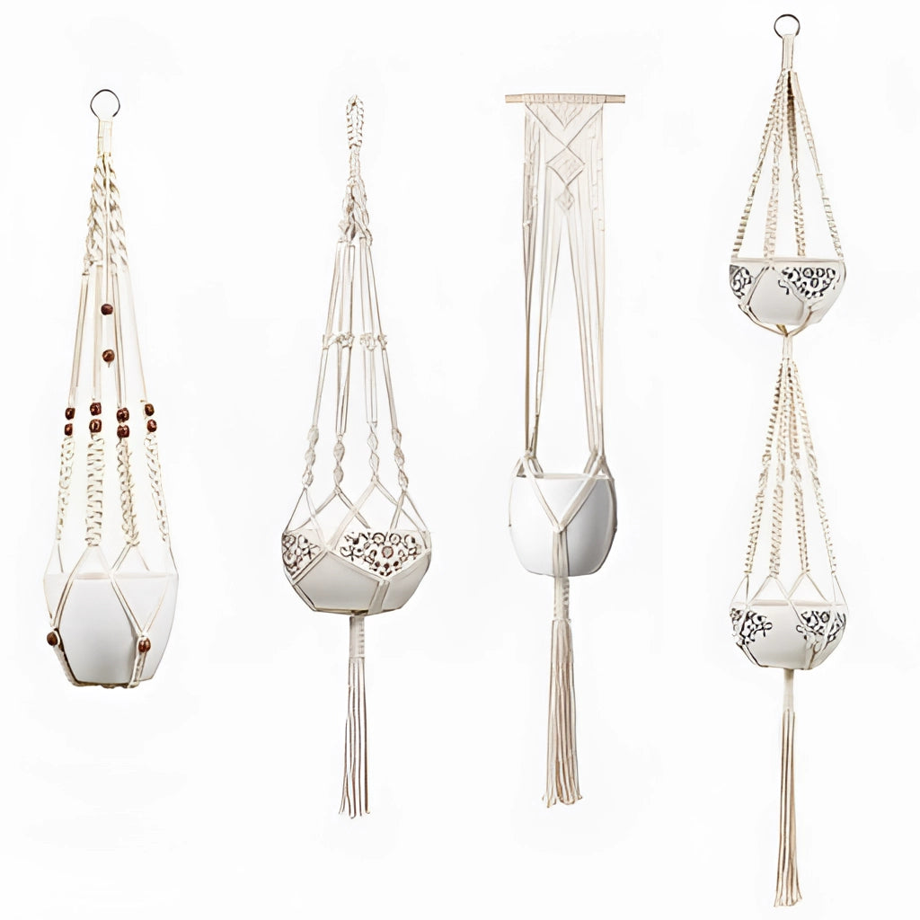 Handgjorda Boho Makramee Växthängare Set av 4 – Stilsäkra Inomhus Växtstöd för Vardagsrum och Kök