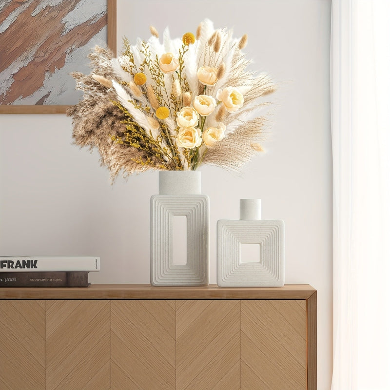 Carvallo – Vit keramikvas-set med geometrisk design för en boho-chic inredning