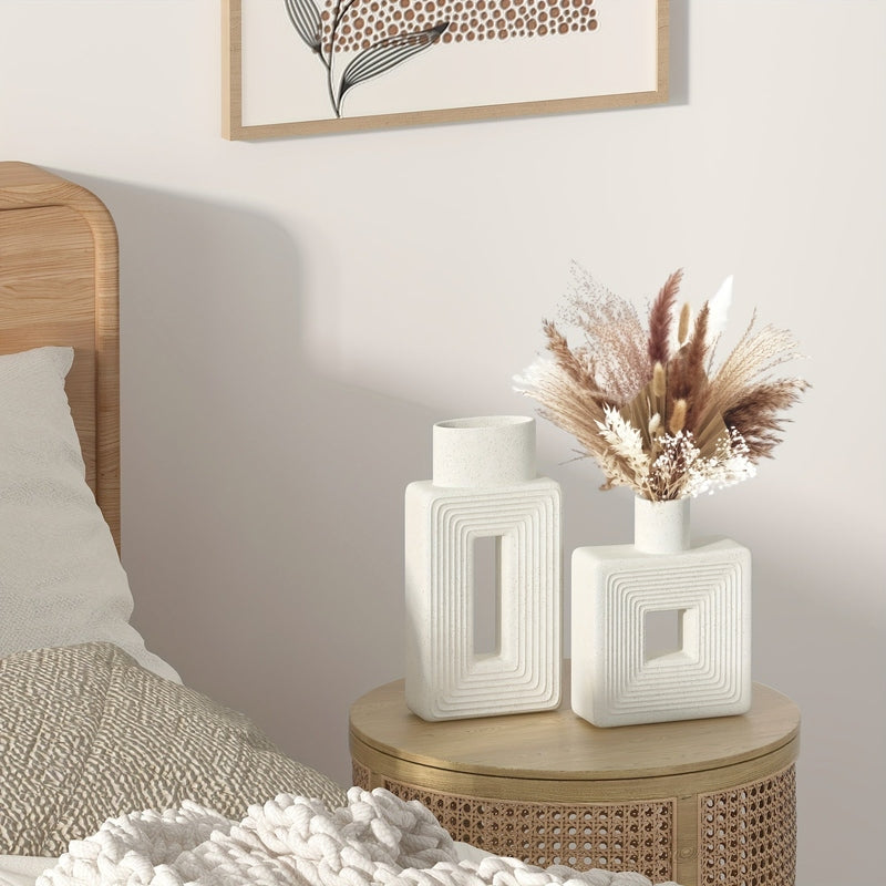 Carvallo – Vit keramikvas-set med geometrisk design för en boho-chic inredning