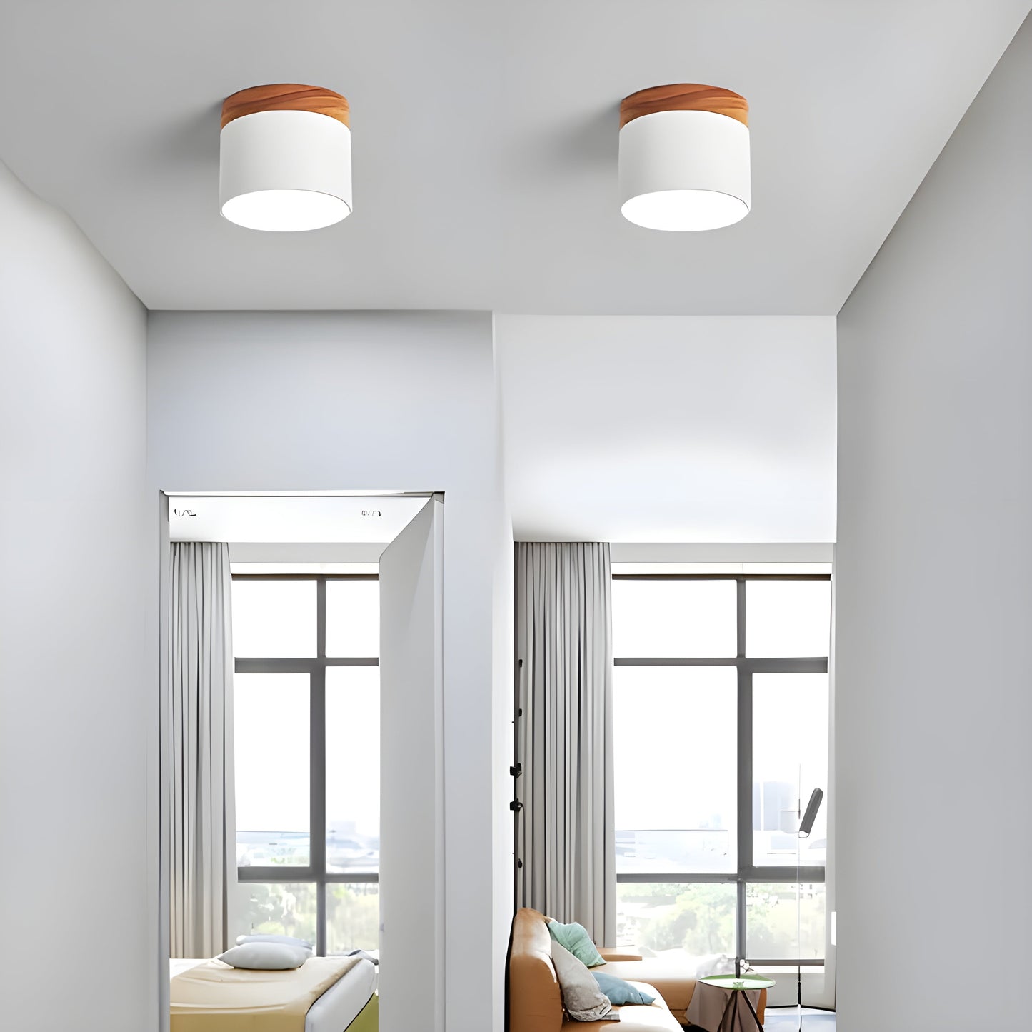 LED-taklampa i cylindrisk form – Varmt ljus i vintagestil industriell design | Med dekorativ detalj i trä