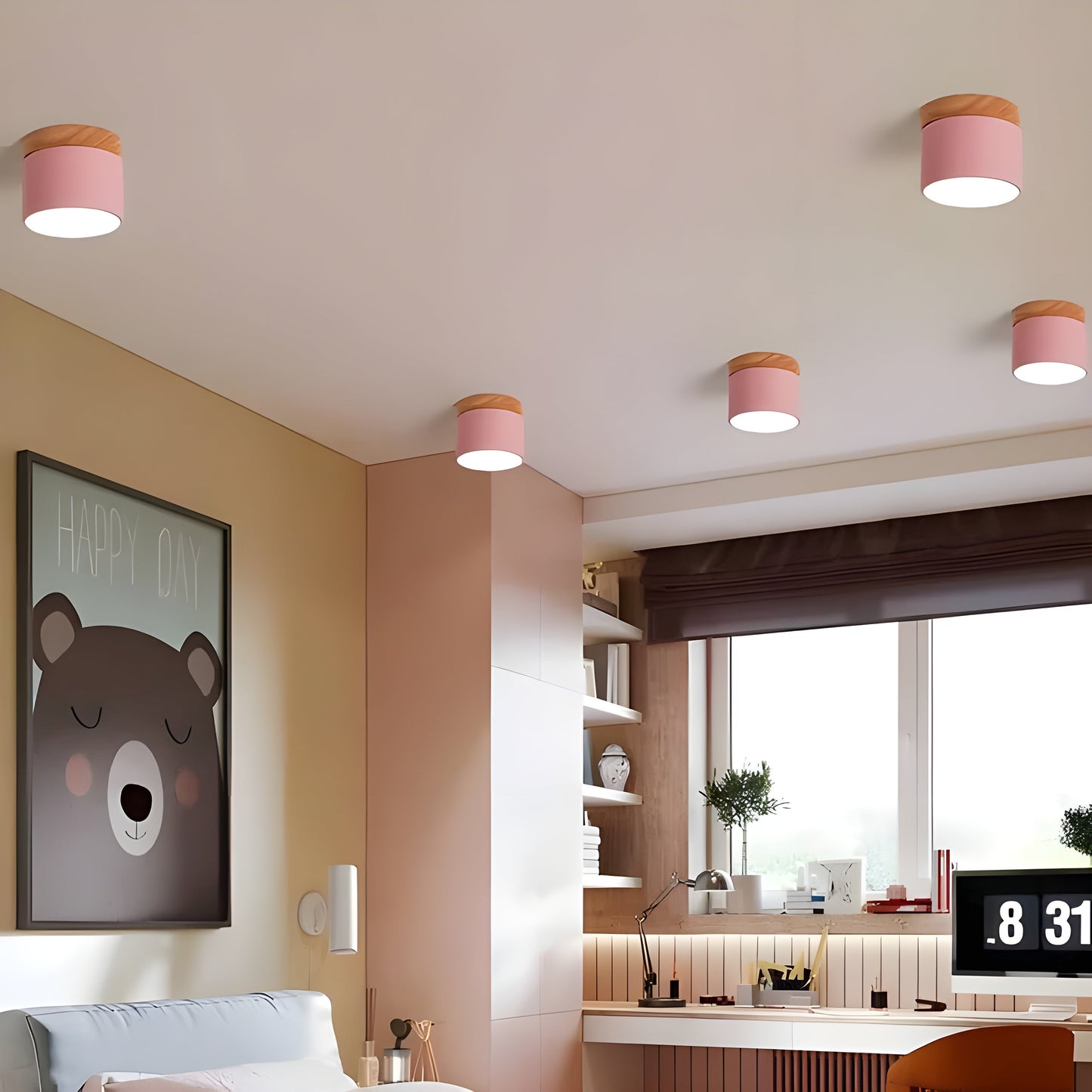 LED-taklampa i cylindrisk form – Varmt ljus i vintagestil industriell design | Med dekorativ detalj i trä