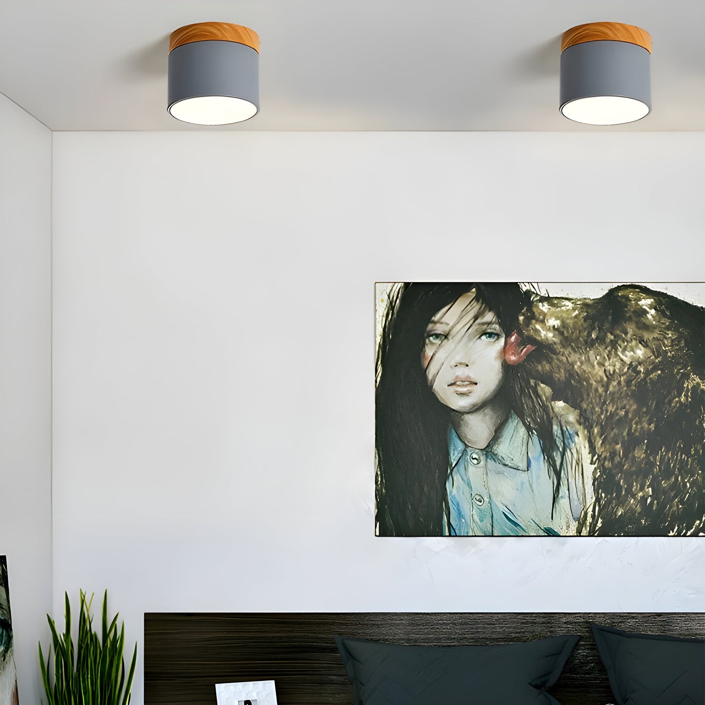 LED-taklampa i cylindrisk form – Varmt ljus i vintagestil industriell design | Med dekorativ detalj i trä