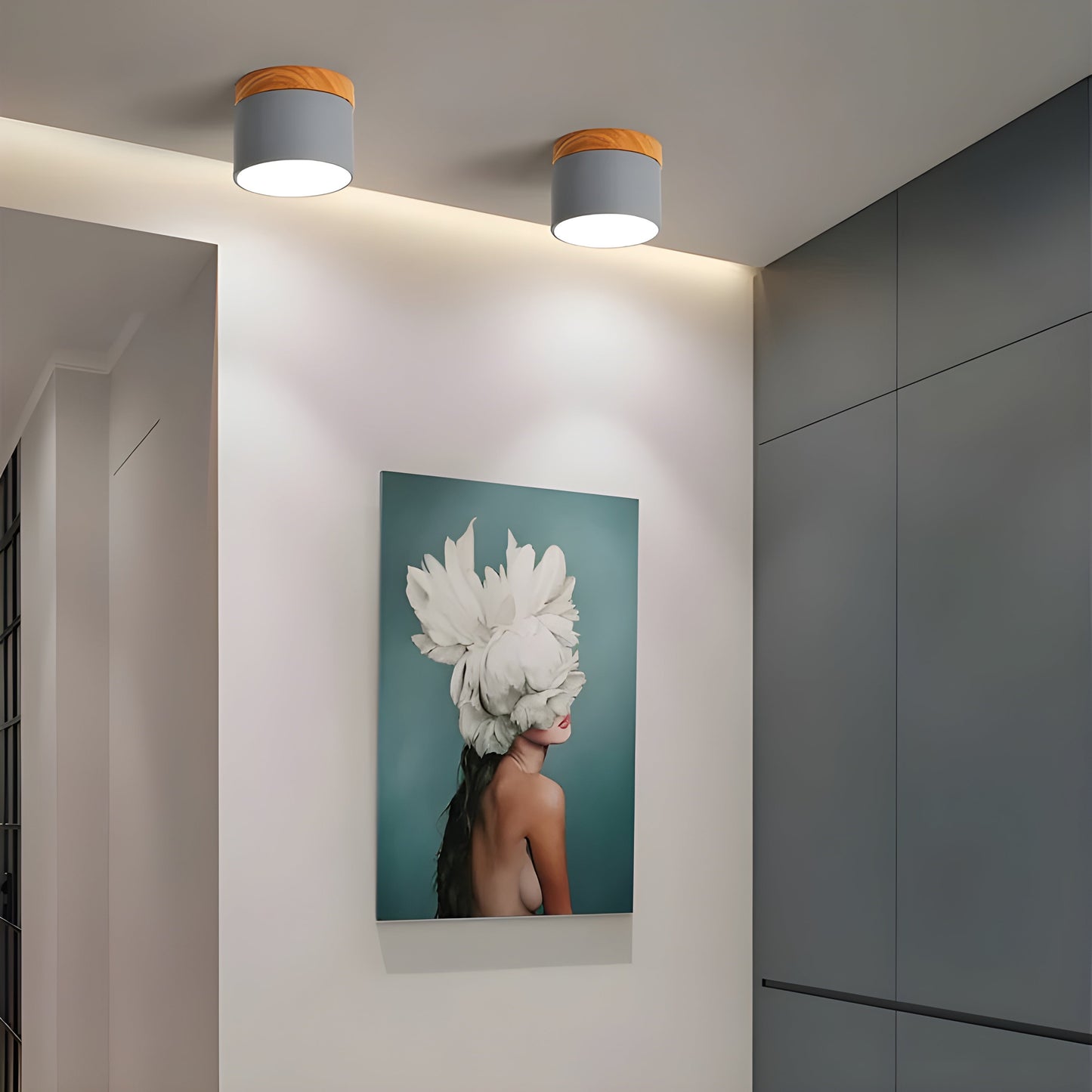 LED-taklampa i cylindrisk form – Varmt ljus i vintagestil industriell design | Med dekorativ detalj i trä