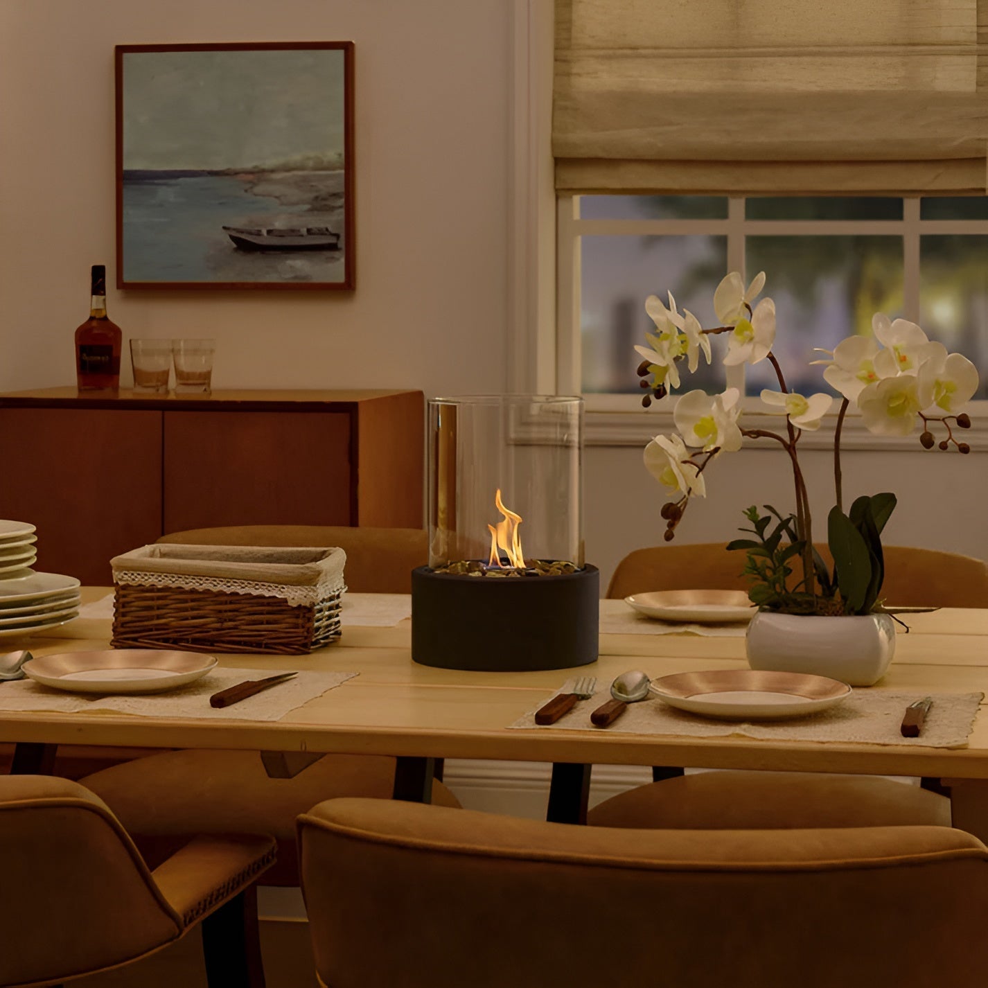 Modern Bordskamin | Slank Metallbas &amp; Ren Bränning för Inomhus/Utemiljö