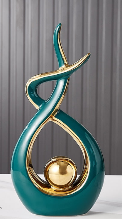 Abstrakt Keramisk Skulptur | Modern Inredning med Guld Accenter | Hylla eller Skrivbordsornament