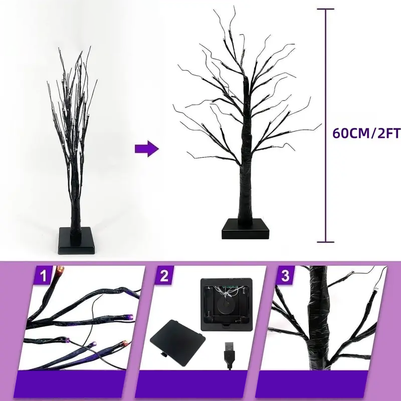 Halloween LED Träd 60cm – Svart dekorationsträd med lila &amp; orange lampor
