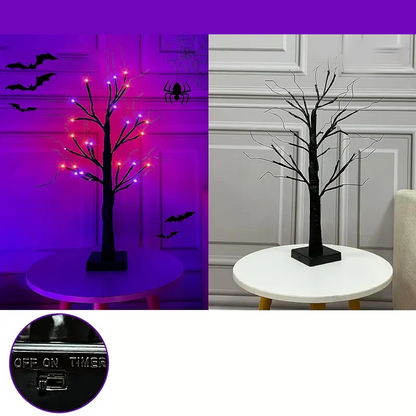 Halloween LED Träd 60cm – Svart dekorationsträd med lila &amp; orange lampor