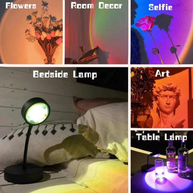 Solnedgångslampa Projektor - LED Nattlampa med 16 RGB Färger och 360° Rotation