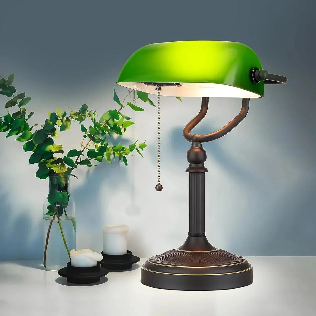 LumiBank - Klassisk Banklamp med Grönt Glas i Retro Stil för Kontor &amp; Vardagsrum