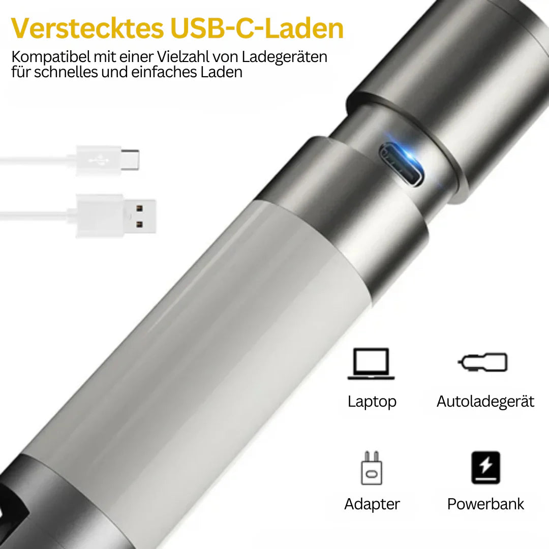 LED-ficklampa med flerfärgade filter – uppladdningsbar USB-C-lampa med camping- och nödbelysningsfunktion