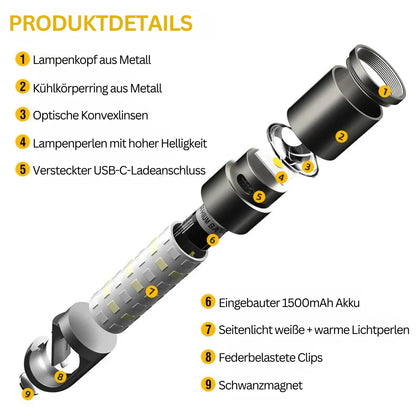 LED-ficklampa med flerfärgade filter – uppladdningsbar USB-C-lampa med camping- och nödbelysningsfunktion