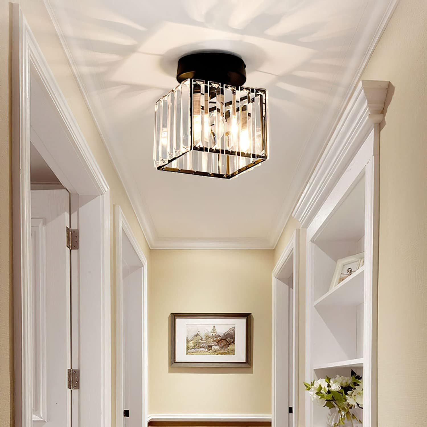 Flush Mount Ceiling Light | Stylish Hallway Fixture | Brass &amp; Crystal