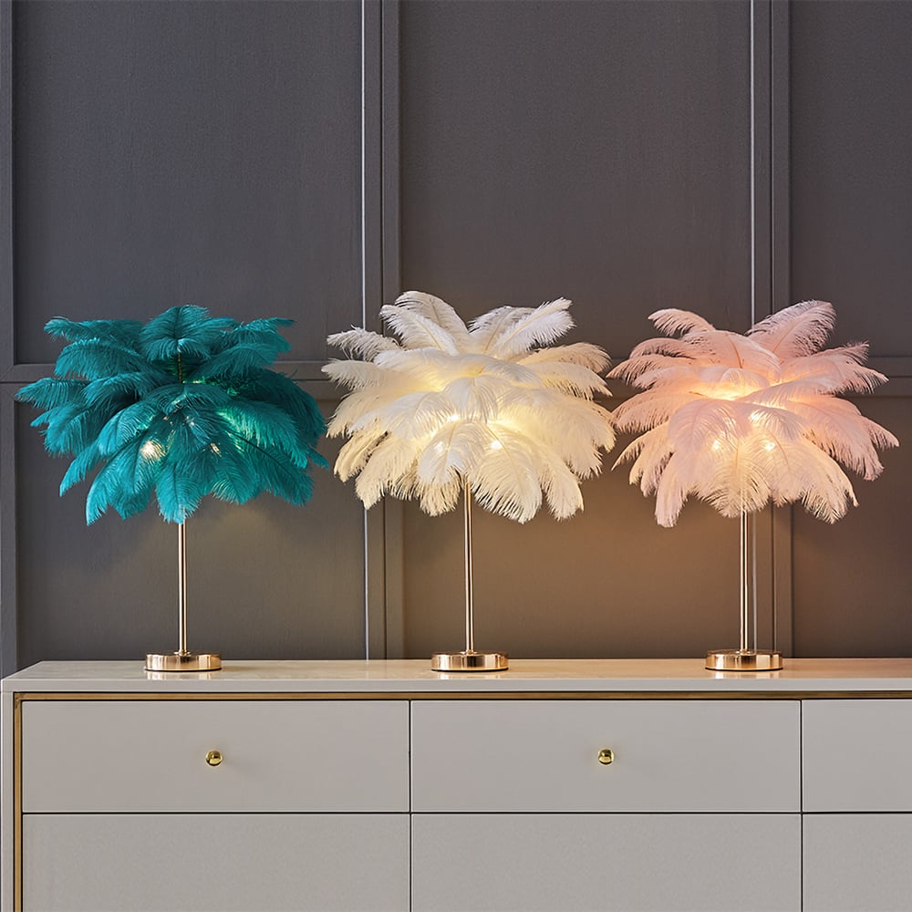 Art Deco Feder Guld Gildad Bords Lampa Med Mjuk Ljus