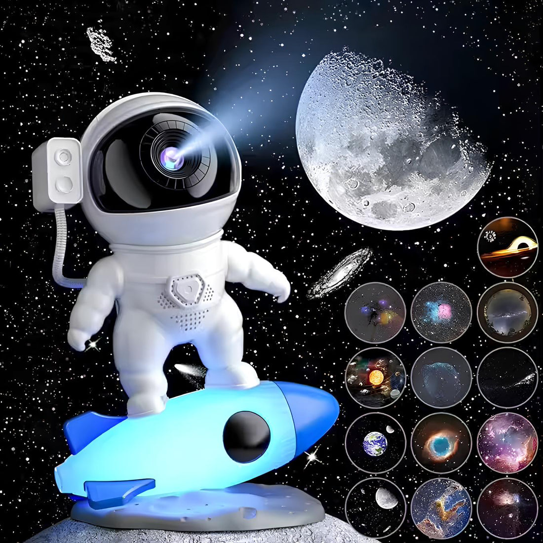 Astronaut projektionljus med galax- och kosmisk ljudalternativ