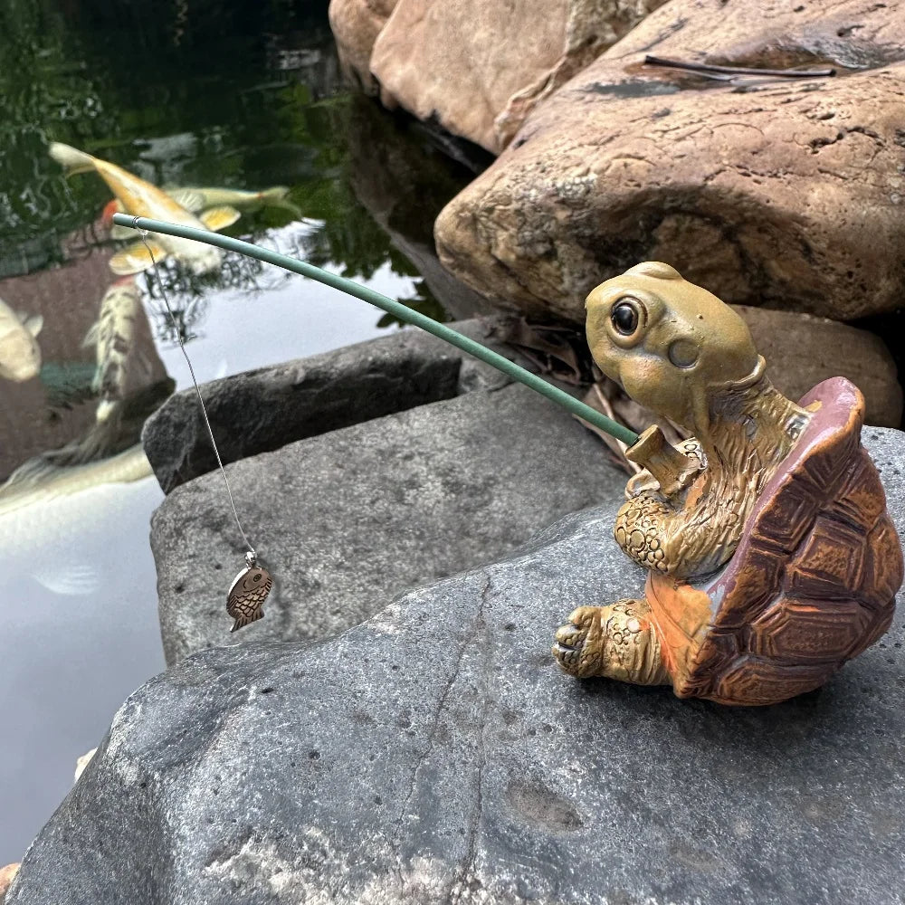 Söt Sköldpadds Trädgårdsstaty med Fiskesnöre Dekorativt Ornament