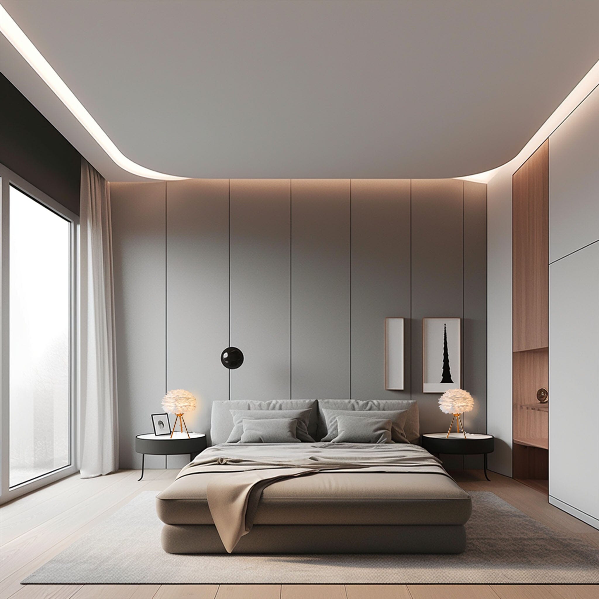 Elegant fjädrar bordslampa med mjukt gyllene ambient ljus