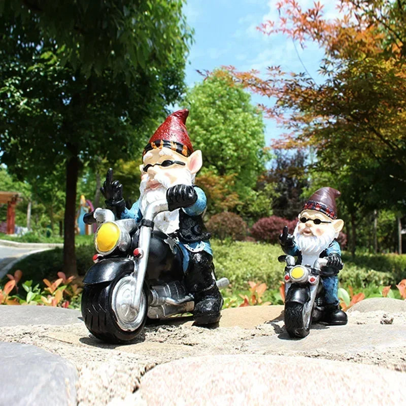 Trädgårdstomte Dvärg Statue Cyklande Gamle Man Resin Dekor
