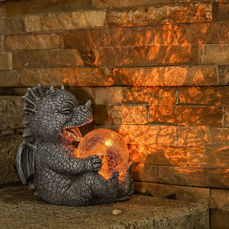 Trädgårdsstaty - Draconis - Solbelysning - Harpiks Draakstaty lampa