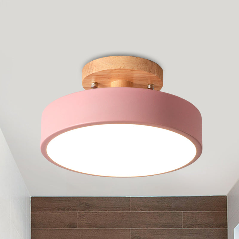 LED Semi Flush Mount Taklampa Med Träskärm