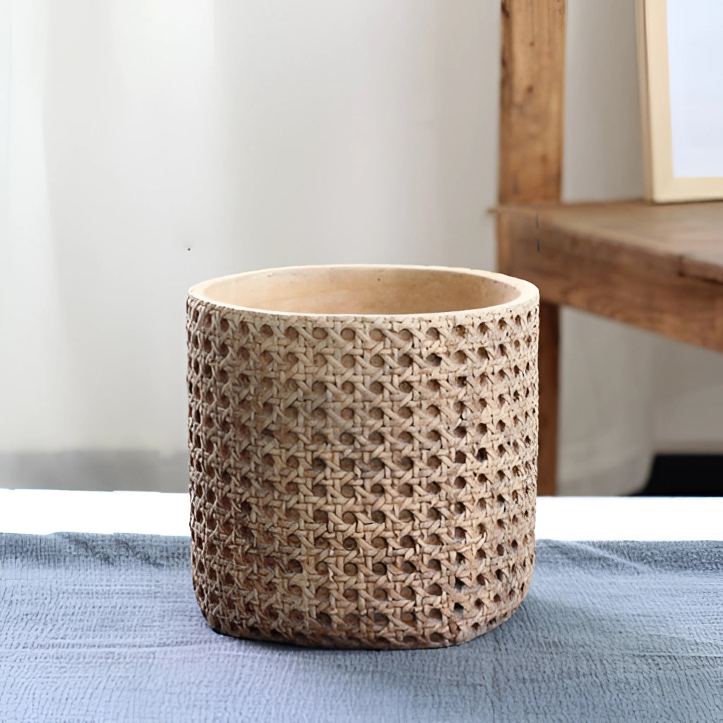 Naturlig Rattan Texturerad Cementplanter – Modern Cement Blumentopf med Naturutseende för inomhus- och utomhusområden