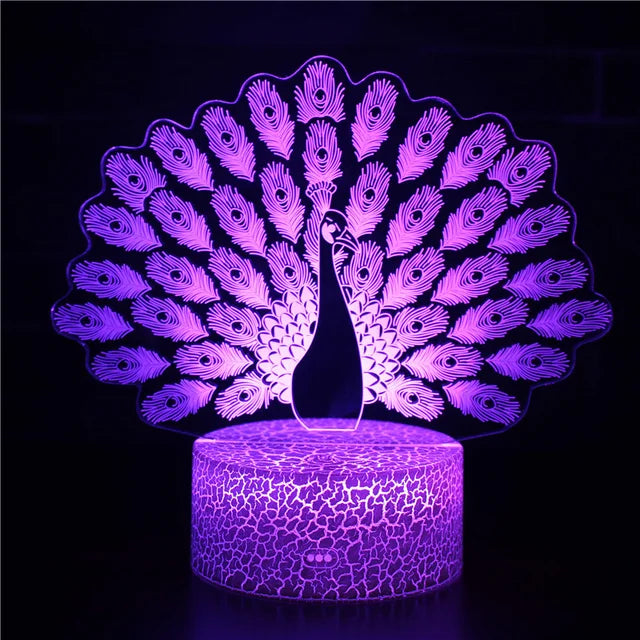 PeacockGlow - LED Nattlampa med 3D Effekt och Färgomvandling, Dekorativ Bordslampa