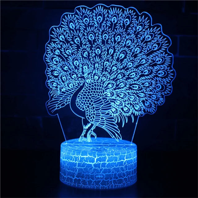 PeacockGlow - LED Nattlampa med 3D Effekt och Färgomvandling, Dekorativ Bordslampa