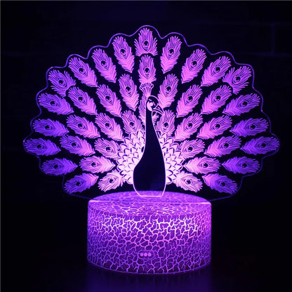 PeacockGlow - LED Nattlampa med 3D Effekt och Färgomvandling, Dekorativ Bordslampa