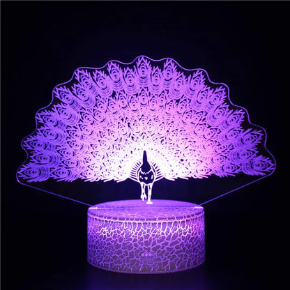 PeacockGlow - LED Nattlampa med 3D Effekt och Färgomvandling, Dekorativ Bordslampa
