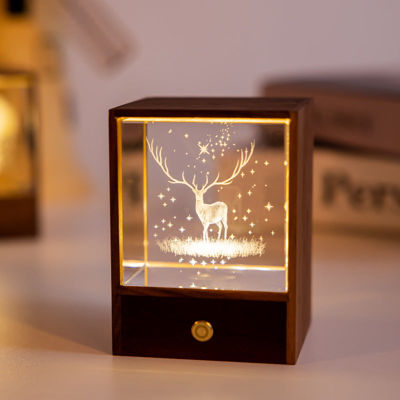 Kreativ Trälåda LED Nattljus Dekorativ Beröringsdämpbar Bordslampa