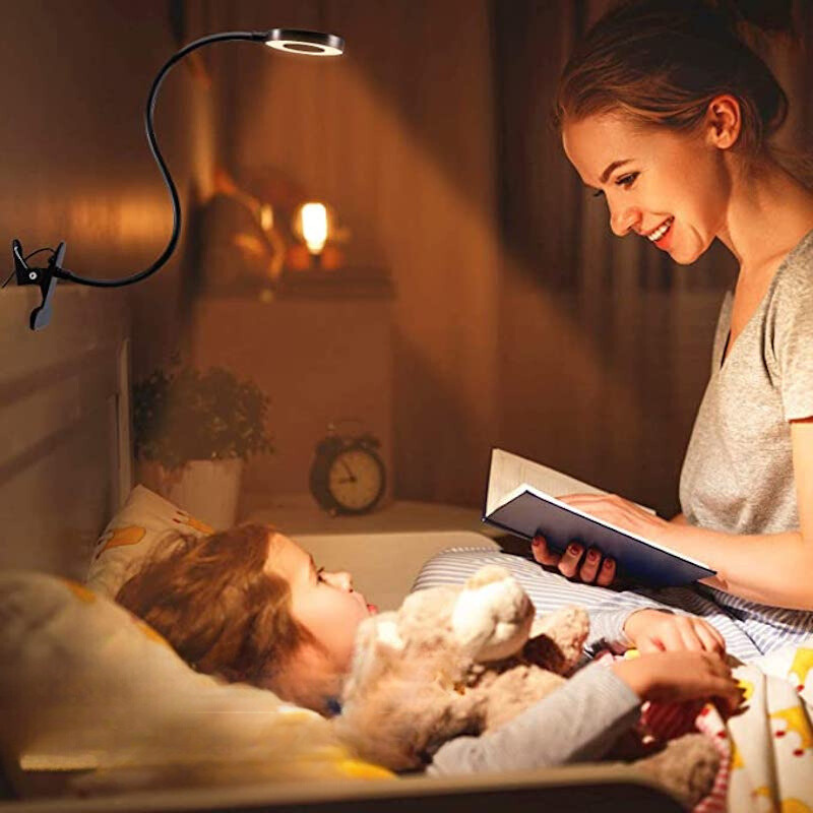 Clip-on-lampa - Läsarmatur med 48 LED, 3 färglägen och 10 ljusstyrkenivåer, ögonskydd och flexibel gås hals