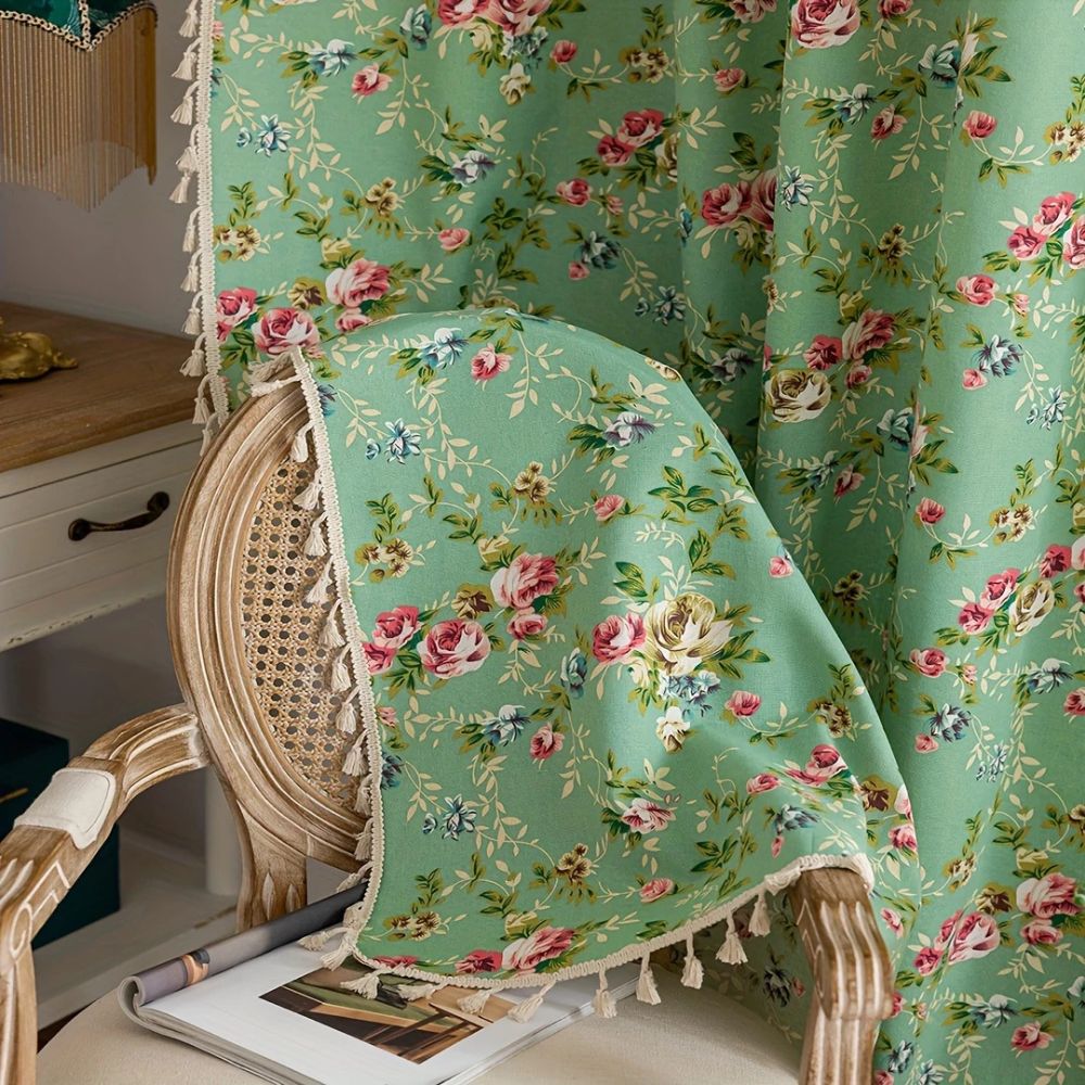 Pastoral Green Rose Franjelängd Gardin