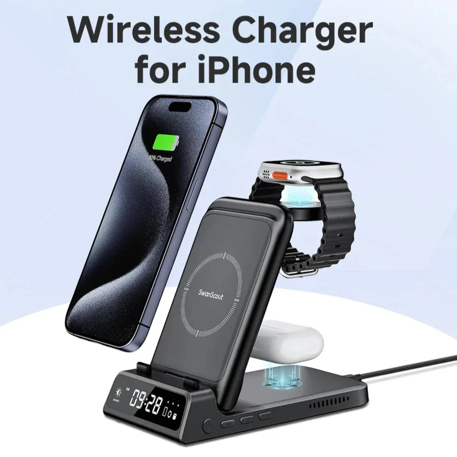 Royallure 3-i-1 Trådlös Laddstation – Snabbladdare för Telefon, Klocka & Hörlurar