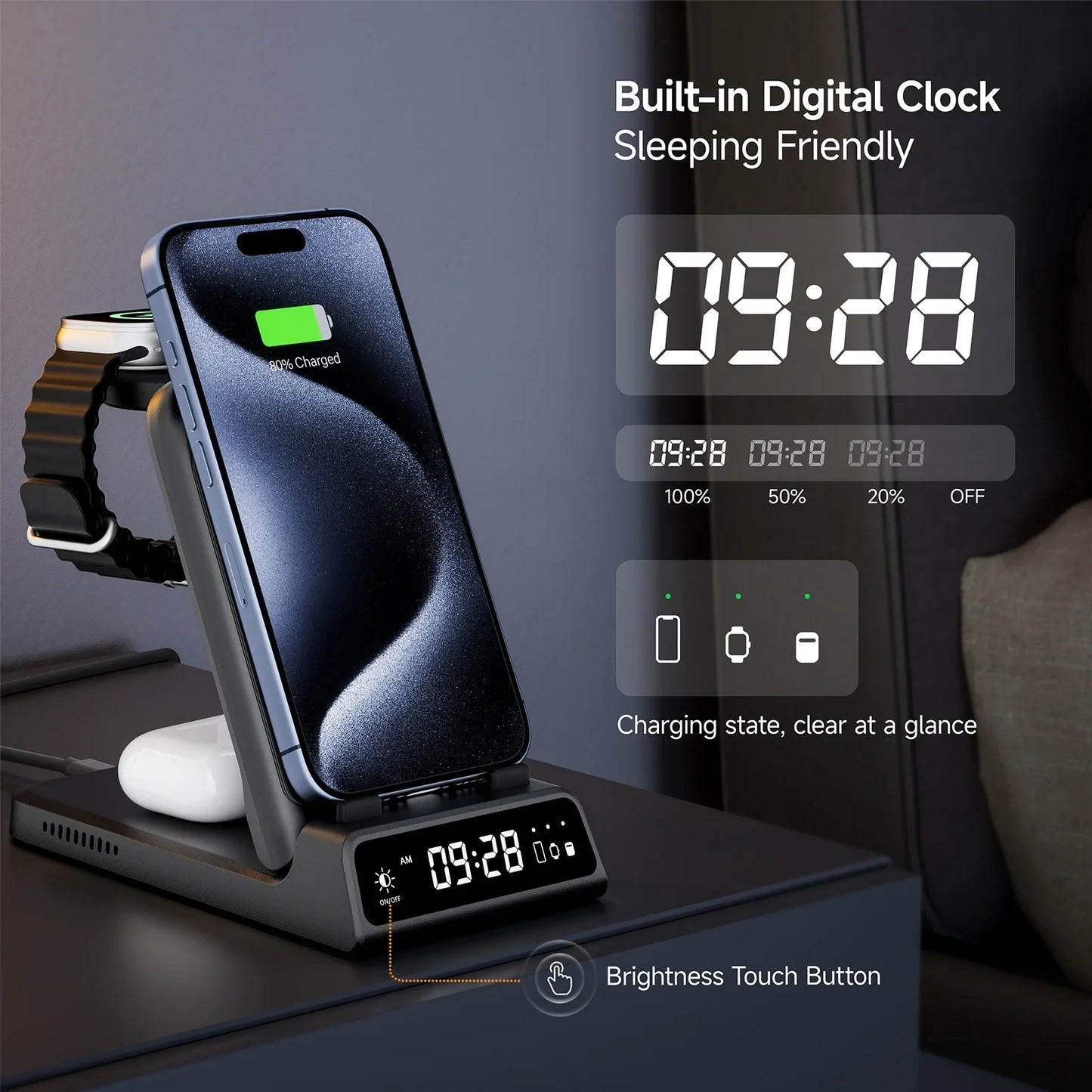 Royallure 3-i-1 Trådlös Laddstation – Snabbladdare för Telefon, Klocka & Hörlurar