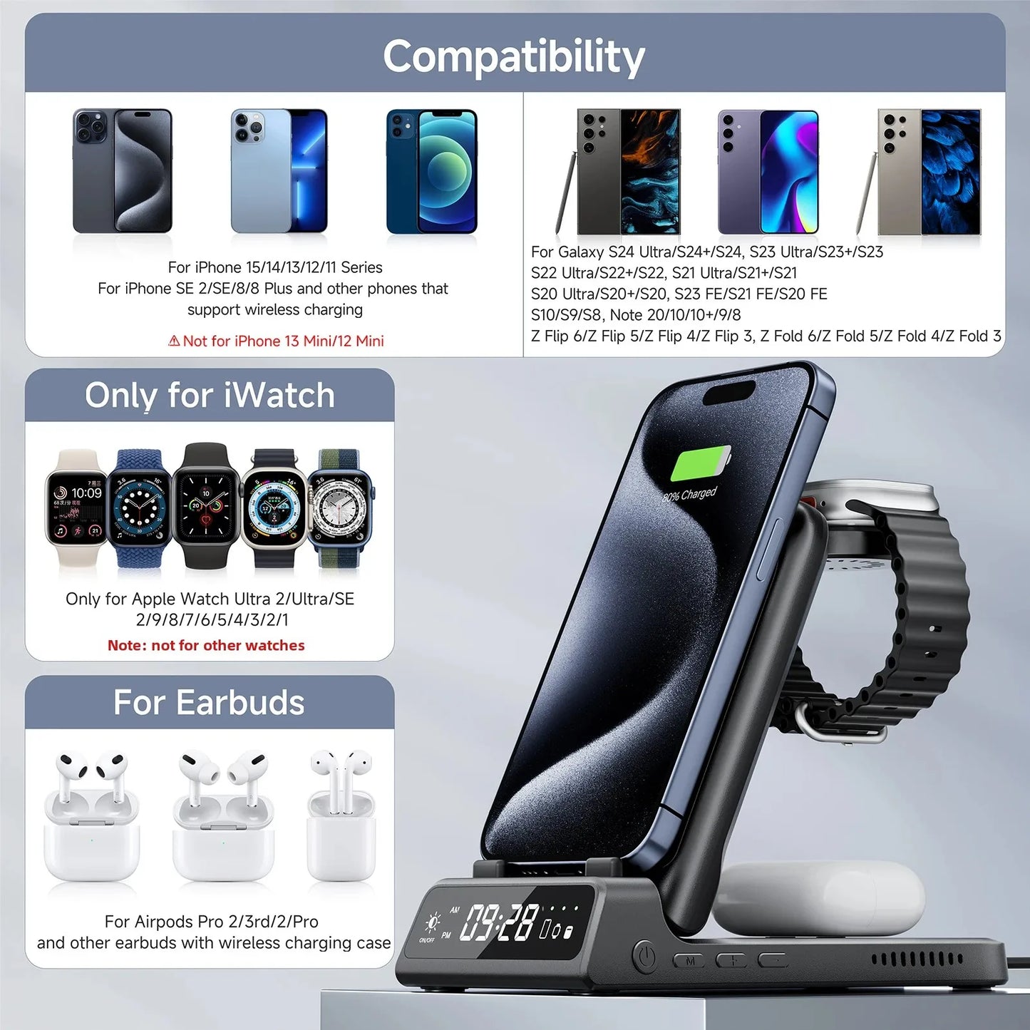 Royallure 3-i-1 Trådlös Laddstation – Snabbladdare för Telefon, Klocka & Hörlurar