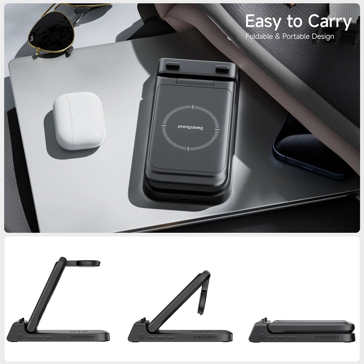 Royallure 3-i-1 Trådlös Laddstation – Snabbladdare för Telefon, Klocka & Hörlurar