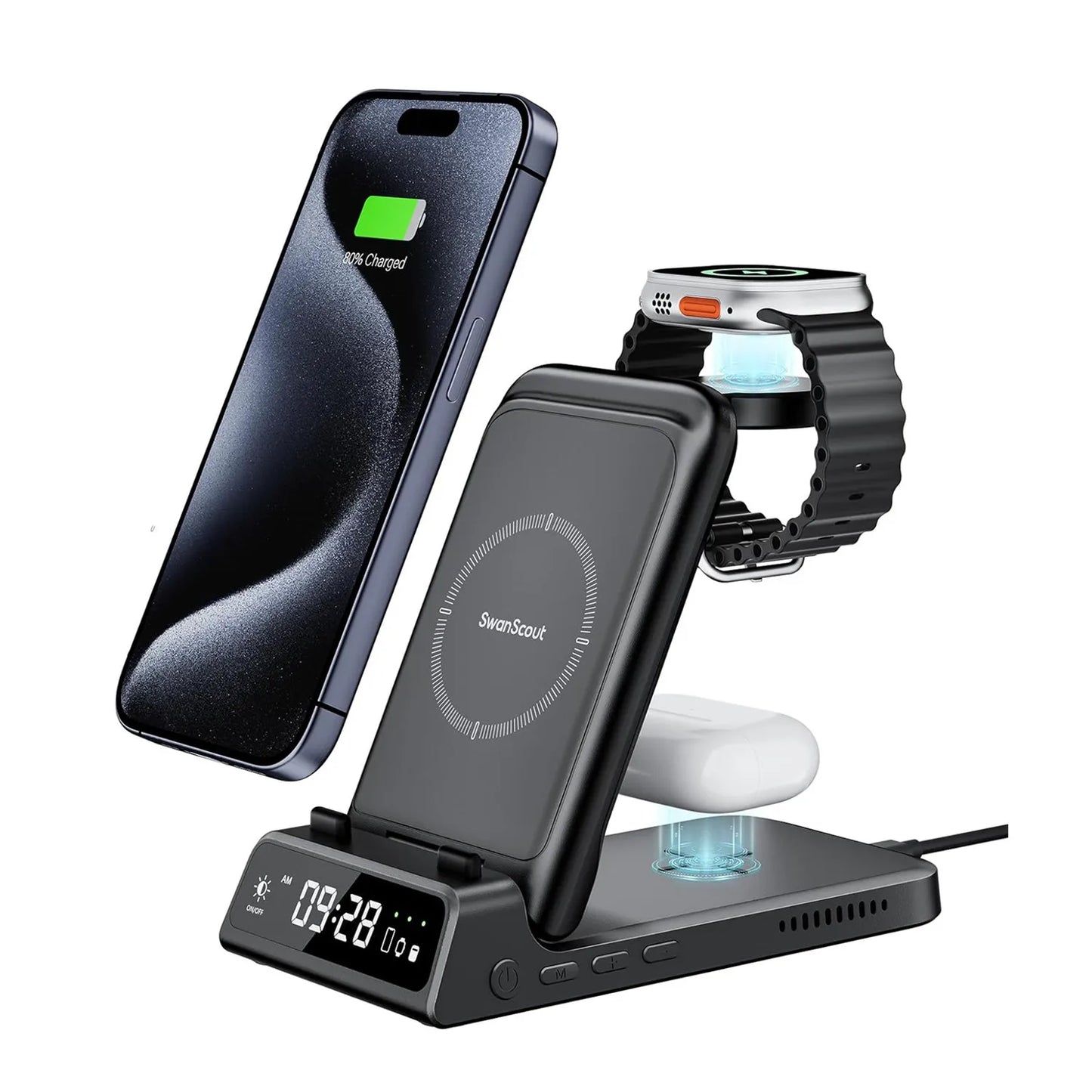 Royallure 3-i-1 Trådlös Laddstation – Snabbladdare för Telefon, Klocka & Hörlurar