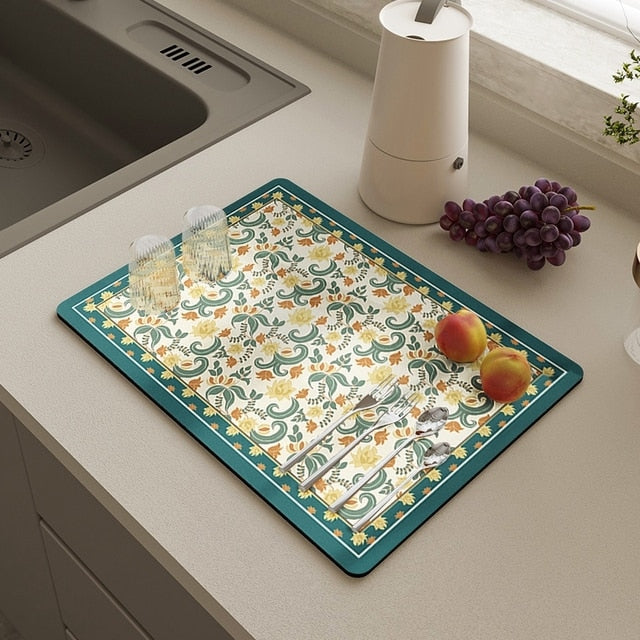 Royallure Absorbent Dish Drying Mat – Floral Polyester Bänkskydd, Anti-Slip & Snabbtorkande