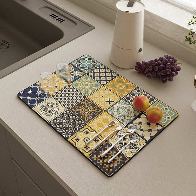 Royallure Absorbent Dish Drying Mat – Floral Polyester Bänkskydd, Anti-Slip & Snabbtorkande
