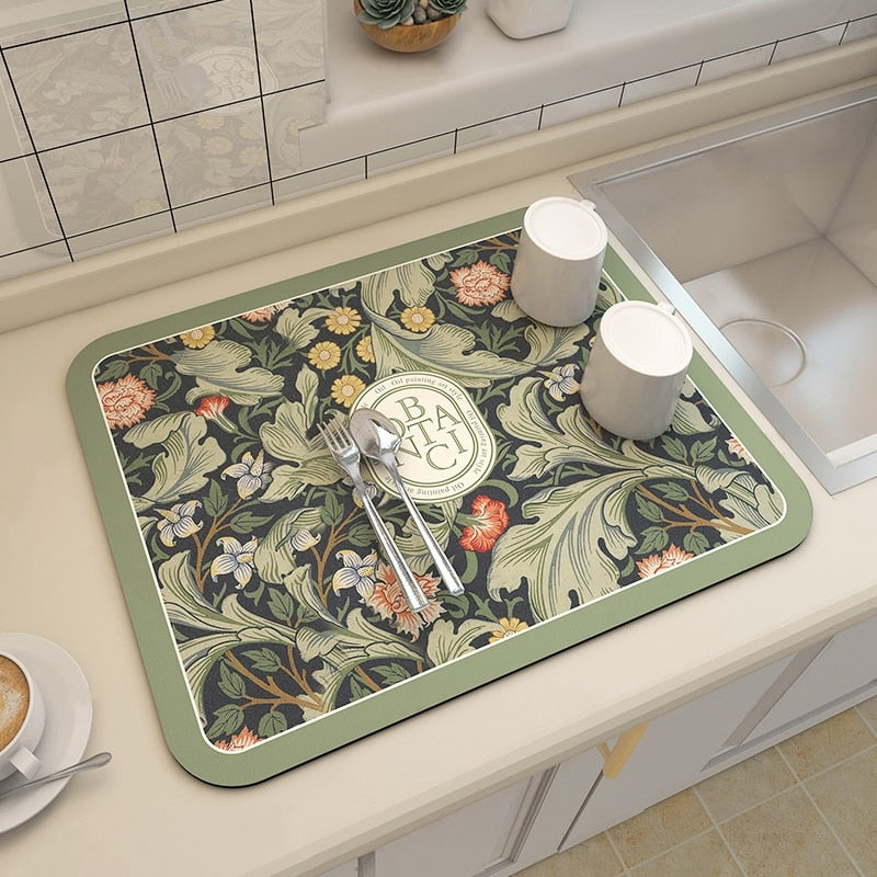 Royallure Absorbent Dish Drying Mat – Floral Polyester Bänkskydd, Anti-Slip & Snabbtorkande