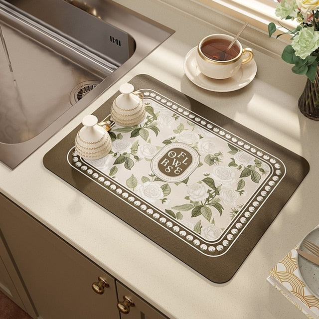 Royallure Absorbent Dish Drying Mat – Floral Polyester Bänkskydd, Anti-Slip & Snabbtorkande
